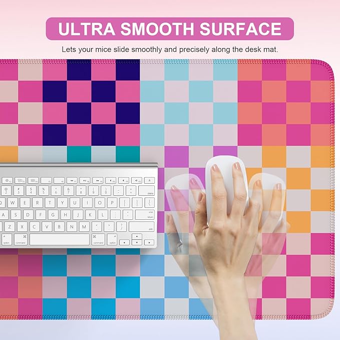 iLeadon Desk Mat, Computer Desktop Pad, Colorful Checkered Mouse Pad, Large Rubber Base Mousepad with Stitched Edges, Keyboard Mat for Women Office, Home