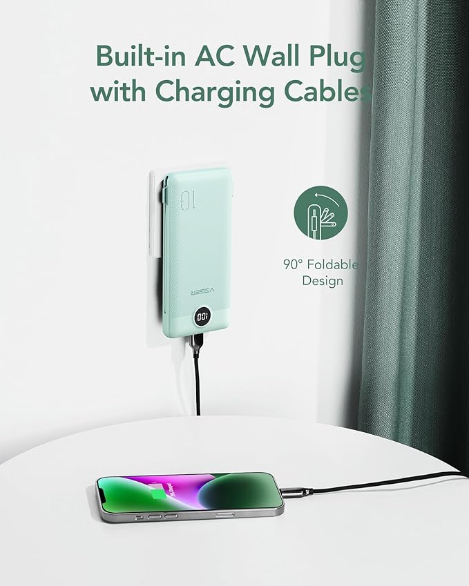 VEGER Portable Charger with Built-in AC Plug and Cables, All in One 10000mAh Ultra Slim Power Bank Travel Essentials, Fast Charging Battery Pack Compatible with iPhone, Samsung, Android (Green)
