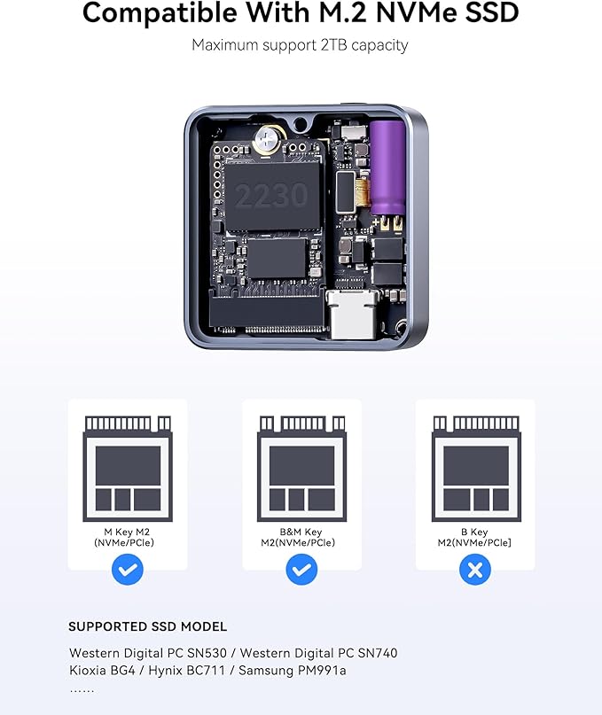 DockCase Pocket M.2 2230 NVMe SSD Enclosure,Support 3s PLP Prevents Write Data Loss,USB 3.2 Gen 2 Type-C (10 Gbps), fits NVMe PCIe, Exclusive to Size 2230,Support M-Key B+M Key UASP (Grey)