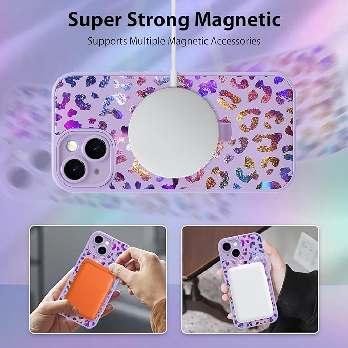 KANGHAR Compatible with iPhone 15 Case, Support for MagSafe, Silicone Cute Iridescent Leopard Cheetah Pattern, Wristband Kickstand Shockproof Protective Slim Cover for Women Girls, Purple