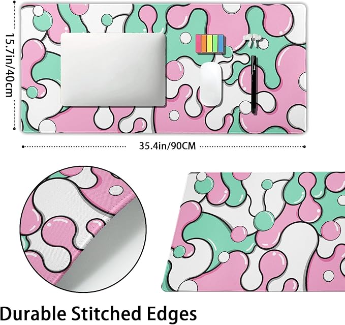 Pink Green Mouse Pad Anime Cool Geometric Japanese Extended Desk Mat 90X40 CM Non-Slip Rubber Base Stitched Edge Large XXL Mousepad for Gaming Laptop Computer Desktop 35.4×15.7 Inch
