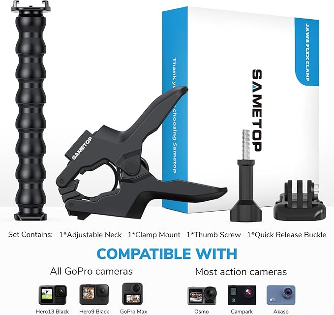 Jaws Flex Clamp Clip Mount Gooseneck Mounts Compatible with GoPro Hero 13 12 11 10 9 8 7 6 5 4 Session 3+ 3 2 1 Max DJI Osmo Akaso Action Cameras