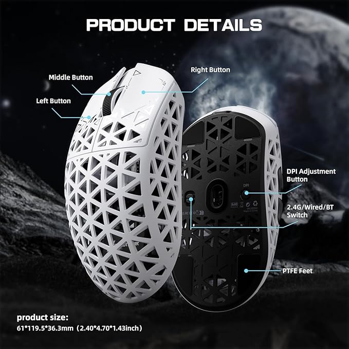 ATTACK SHARK R5 Ultra Wireless Gaming Mouse,39g Superlight Carbon Fiber Hollowed-Out,PAW3950MAX Optical Sensor Nordic 52840 MCU 8K Polling 42K DPI,BT/2.4G/USB-C Mice with Coiled Cable for PC/Mac-White
