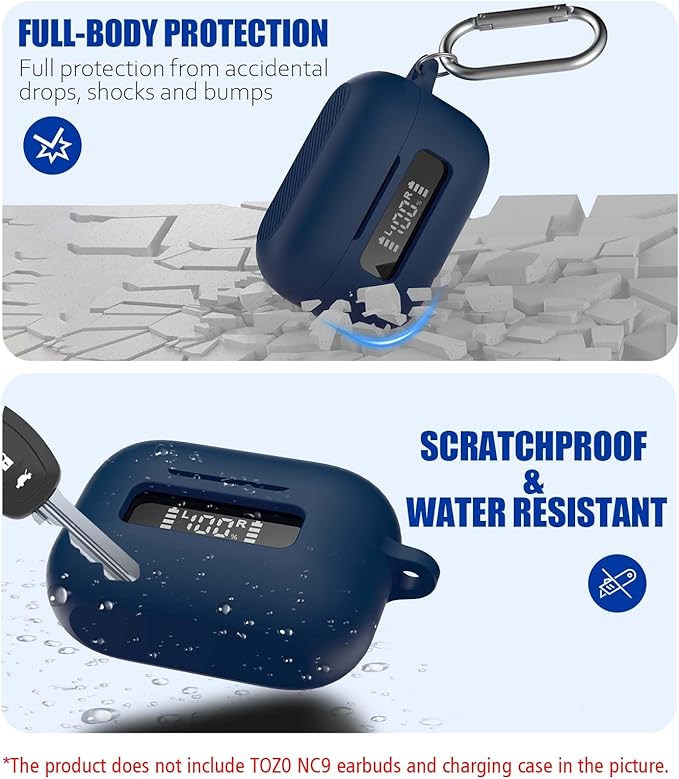 for TOZ0 NC9(2024) Case Cover, Silicone Protective Battery Display Visible Design Cover ONLY for TOZO NC9 Hybrid Active Noise Cancelling Wireless Earbuds 2024 Version with Carabiner-Blue