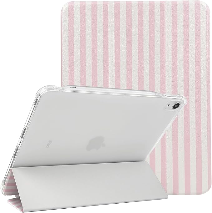 Lovmooful Compatible for iPad 11th 11-Inch A16 (2025),iPad 10 (10.9-Inch,2022 Model,10th Generation) Case with Pencil Holder Cute Striped Aesthetic Design Soft TPU Trifold Stand Protective-Pink&White