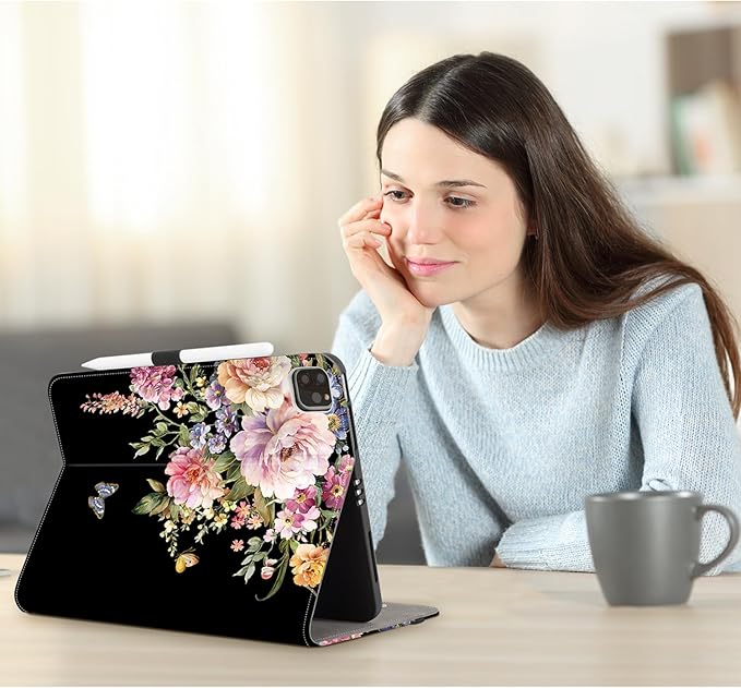 Vimorco iPad Air M4/M3/M2 11 Inch Case 2026/2025/2024 Pink Flower, iPad Air 5th/4th Gen Cases 10.9-inch, iPad Pro 11 Inch Case 4th/3rd/2nd/1st Generation Pencil Holder/Hand Strap/Pocket, Butterfly