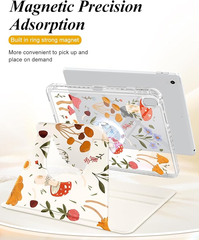 Shorogyt for iPad A16 11th Generation 11 inch 2025 /for i Pad 10th Generation case Magnetic Stand for Women - Cute Design 360 Degree Rotating Covers Girls Aesthetic with Pencil Holder,Mushroom