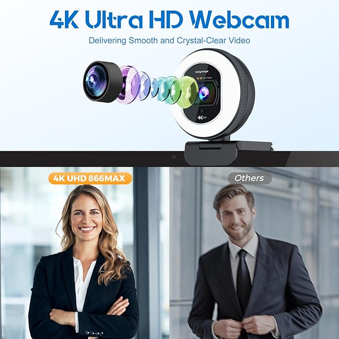 4K Webcam with Ring Light Web Cam 4K Autofocus with TOF Computer Camera 1080P 60FPS Web Camera Built-in Privacy Cover and Microphone Streaming Webcams for Zoom/Skype/Google Meet