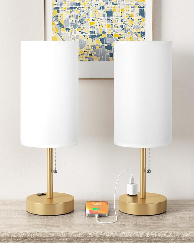 Fenmzee Plus Gold Bedside Lamps Set of 2-3 Color Temperatures Pull Chain Lamp with AC Outlet Charging Port, Round Night Stand Lamps for Bedroom, Bed Side Light with E26 LED Bulbs