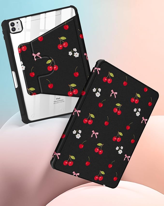 Uppuppy for iPad Pro M4/M5 Case 11 inch - 360 Degree Rotating Stand Folio Smart Cover with Pencil Holder for Women Girls, Cherry and Bow Flowers for iPad Pro 11 inch Case 2024 M4/2025 M5