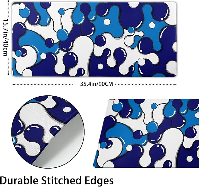 Navy Blue White Mouse Pad Anime Cool Geometric Japanese Extended Desk Mat 90X40 CM Non-Slip Rubber Base Stitched Edge Large XXL Mousepad for Gaming Laptop Computer Desktop 35.4×15.7 Inch