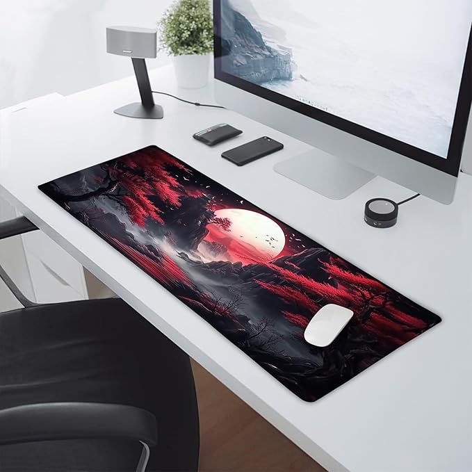 Black Red Japanese Mouse Pad XL Moon Sakura Cherry BLoosm Tree Extended Table Mat 80X30 cm Non-Slip Rubber Base Stitched Edge Large XL Mousepad for Desk Gaming Laptop Desk Top,31.5×11.8 Inch