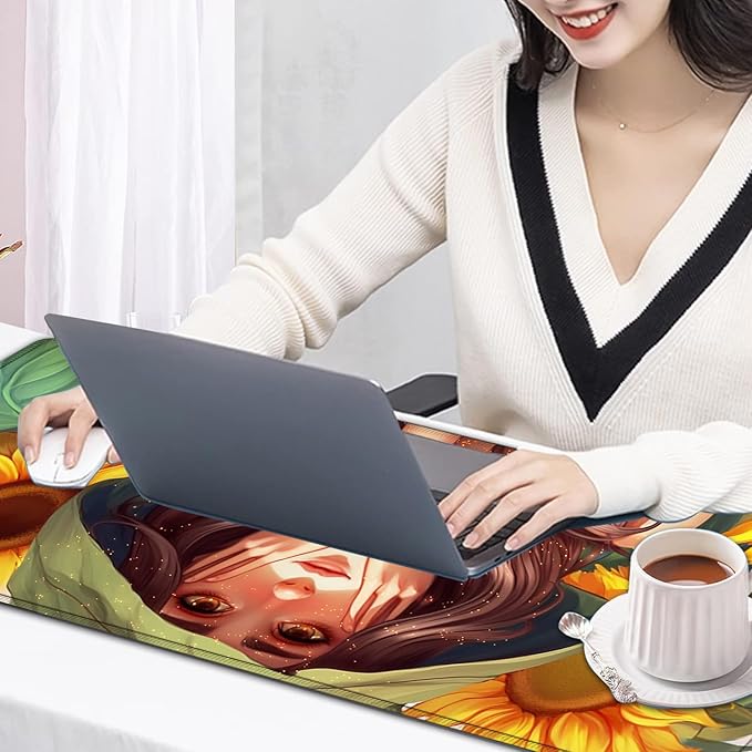 Large Mouse Pad, 31.5 x 11.8in Extended Gaming Mouse Pad with Stitched Edges, XXL Mousepad Protector Non Slip Rubber Base for Office and Home Writing Mat, Anime Sunflower Girl Pattern Desk Mat