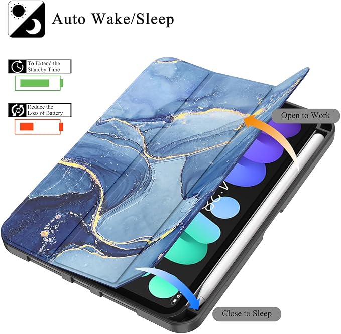 Soke Case for iPad mini 7(A17 Pro) 2024/iPad Mini 6 2021 8.3 inch with Pencil Holder-[Pencil Charging + Auto Wake/Sleep], Soft TPU Back Cover for iPad mini 7th/6th Generation(Ocean Marble)