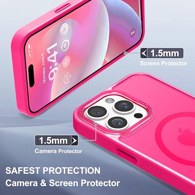 Newfuture Magnetic for iPhone 15 Pro Case [Compatible with Magsafe] [Military Grade Drop Protection] Translucent Matte Anti-Fingerprint Shockproof Phone Case for iPhone 15 Pro 6.1 inch, Hot Pink