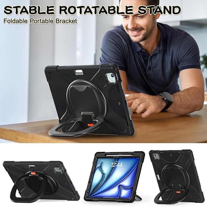 SCSVPN Case for iPad Air 13 inch M4 2026 /M3 2025/M2 2024 & iPad Pro 12.9 Case 6th/5th/4th/3rd Gen 2022 2021 2020 2018, Drop Protective Cover with Pencil Holder, Stand, Handle, Shoulder Strap - Black