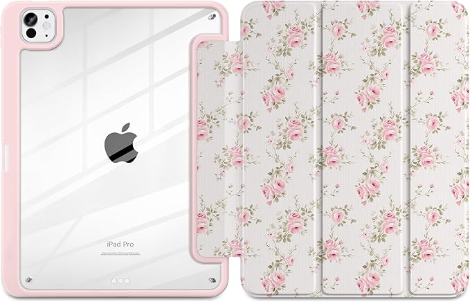 Case for iPad Pro 11 Inch (M5 2025 M4 2024) – [Built-in Pencil Holder], Shockproof & Stylish, Clear Hard Back + Soft TPU Edge, Magnetic Trifold Stand, Auto Wake/Sleep, Little Rose