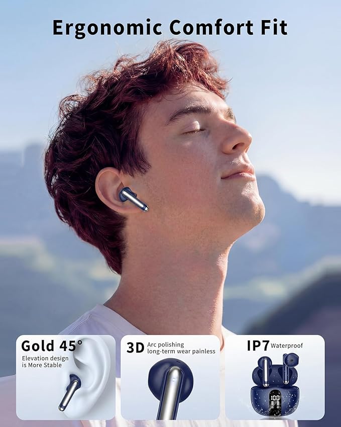 Wireless Earbuds, 2026 Bluetooth 5.4 Headphones Bass Stereo Ear Buds with Noise Cancelling Mic, LED Display in Ear Earphones 50H Playtime Ear Buds, IP7 Waterproof for Laptop Pad Phones Deep Blue
