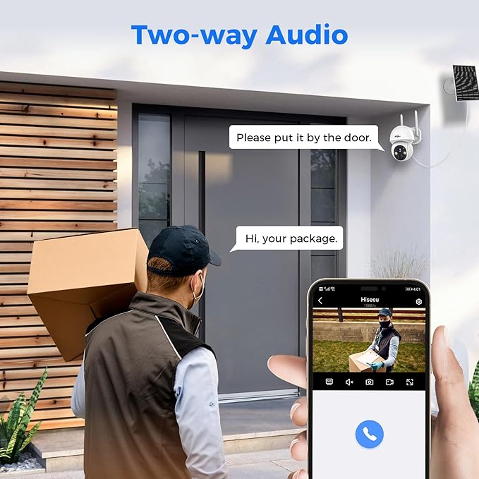 Hiseeu Solar Security Camera, 2PCS 4MP Wireless WiFi Camera Outdoor, PTZ 360° View, PIR Motion Detection, Color Night Vision, IP66, 2-Way Audio, 2.4G WiFi, No Monthly Fee