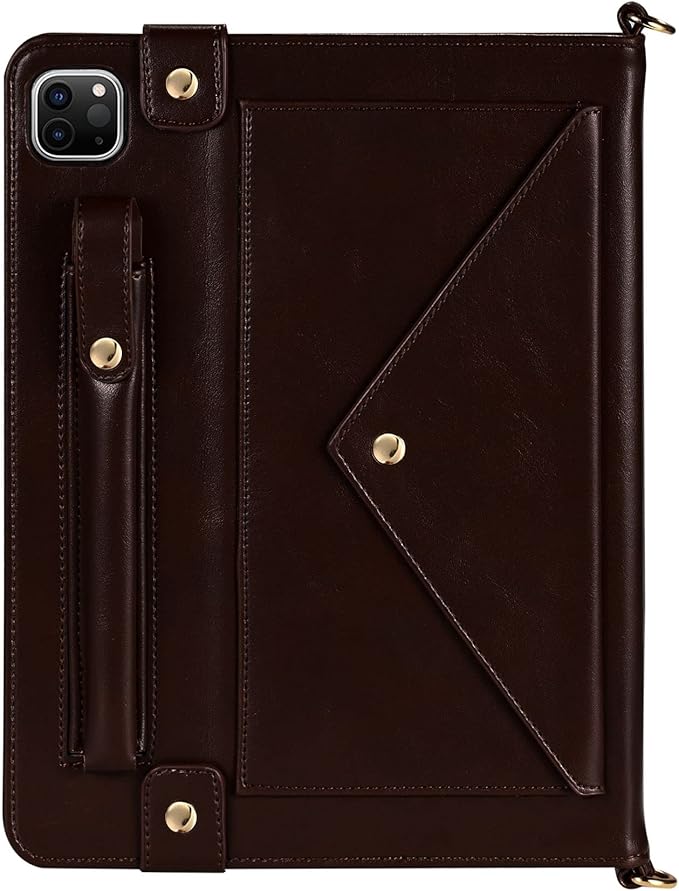 Handbag Case for iPad Pro 11-inch M5 M4 (2025/2024), Techcircle Folio Stand PU Leather Hand Strap Cover Crossbody iPad Case w/Pencil Holder Card Slots Wallet Case, Dark Brown