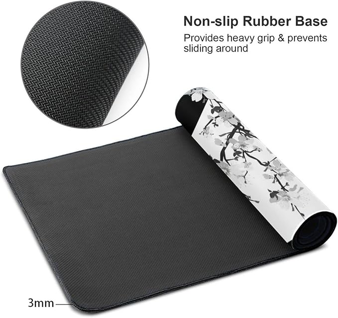 Black White Japanese Mouse Pad 35.4 X 15.7 Inch XXL Cherry Blossom Death Life Full Desk Mousepad Extended Large Non-Slip Rubber Base Big Keyboard Mat with Stitched Edges for Gaming and Office