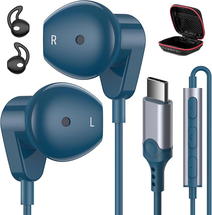 APETOO USB C Headphones for iPhone 17 Pro Max 16 15 Plus iPad Air USB-C Wired Earbuds with Mic Volume Control HiFi Stereo Type C Earphones for Galaxy S25/S24/S23/S22 Ultra Pixel 10 9 8 7 6a, Blue