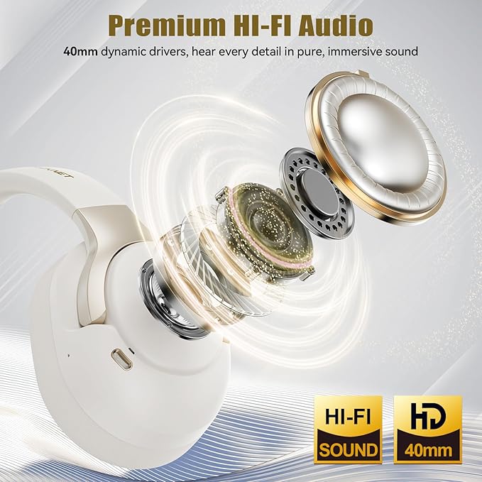 TECKNET Hybrid Active Noise Cancelling Headphones, Bluetooth 6.0 Wireless Headphones, 70H Playtime and 6 EQ Music Modes with 3.5mm Cord, Over Ear Headphones for Travel Work Cellphone - White