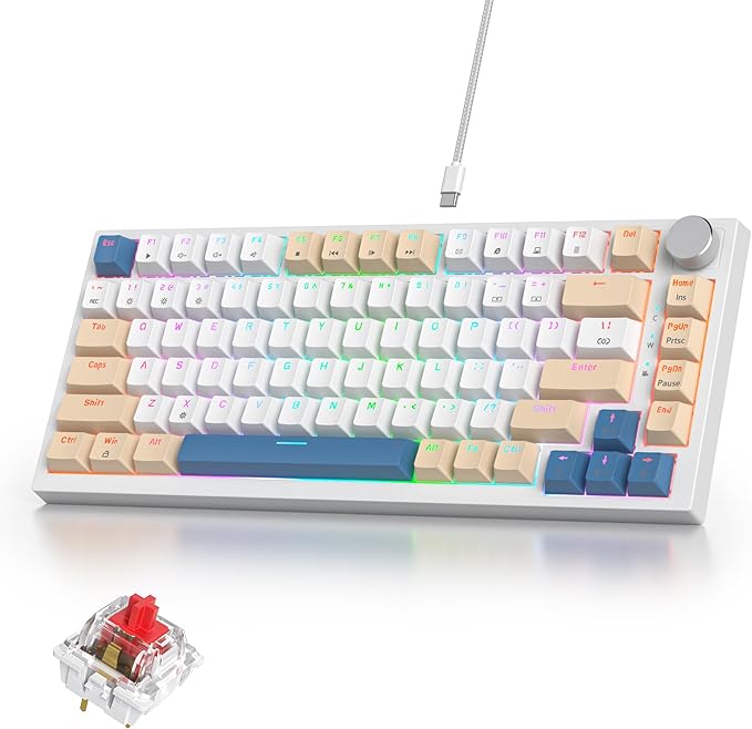 75% Mechanical Creamy Keyboard with Volumn Knob, Gasket Hot Swappable RGB Gaming Keyboard, Wired Custom Keyboard with Red Switch, 82 Keys Compact Creamy White