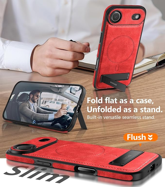 WTCASE Magnetic for iPhone Air Leather Case,Built-in Invisible Stand [Compatible with Magsafe] Protective Slim Kickstand Phone Cover for iPhone Air Case, Red