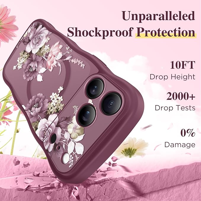 GVIEWIN for iPhone 17 Pro Max Case Compatible with MagSafe [Curly Wave Edge][Full Camera Protection] Floral Translucent Shockproof Magnetic Women Phone Case for 17 Pro Max, Cherry Blossoms/Burgundy