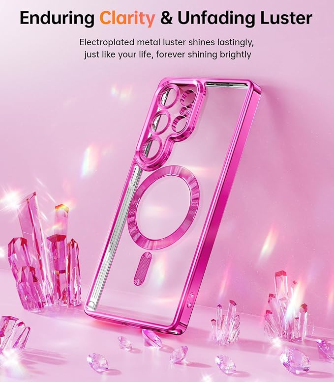 Meifigno Case Designed for Samsung Galaxy S25 Ultra 6.9 inch, [Compatible with MagSafe] [2X HD Screen Protectors] [Glitter Card & Wrist Strap] Full Lens Protection Case for Galaxy S25 Ultra, Hot Pink