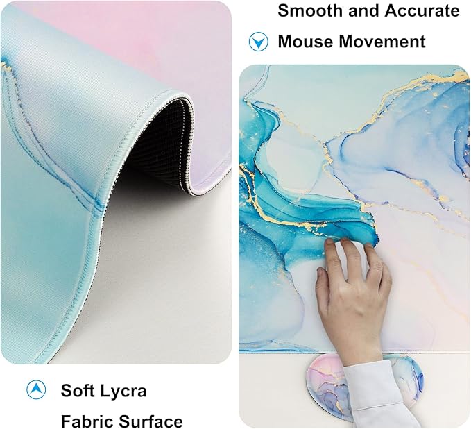 Keyboard Wrist Rest + Mouse Pad with Wrist Support + Desk Mat + Coaster 4 in 1 Set, XXL Large Gaming Mousepad Cute Ergonomic Mouse Pads for Desk Computer Laptop Office Decor-Blue Gold Marble
