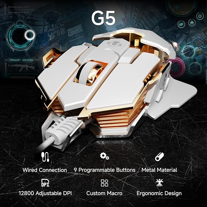 SEUNKWANG EWEADN G5 Wired Gaming Mouse, Ergonomic RGB Computer Mouse, 12800 Adjustable DPI, 9 Programmable Macro Buttons with Rapid Fire Key Compatible for PC/Laptop/Windows-White