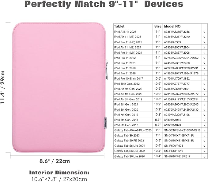 MoKo 9-11 Inch Tablet Sleeve Bag Carrying Case Fits New 11inch iPad Air M4, iPad A16 2025, iPad Pro 11 M4, Air 5/4/3, iPad 10/9/8th Gen, Tab S8/S9 11", Tablet Carrying Case, Pink