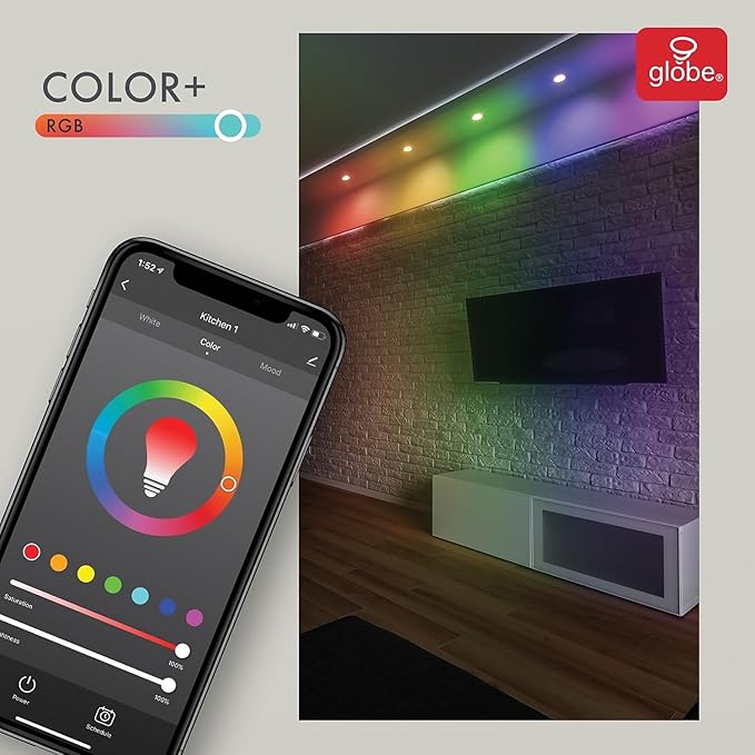 Globe Electric Wi-Fi Smart 10 Watt (65W Equivalent) Multicolor Changing RGB Tunable White Frosted LED Light Bulb, No Hub Required, Voice Activated, 2000K - 5000K, BR30 Shape, E26 Base,50035
