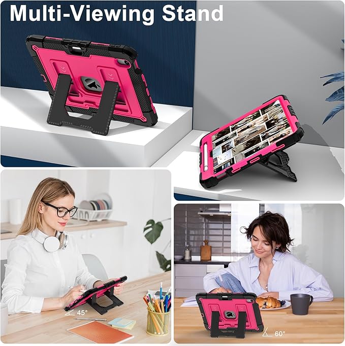 Kids Friendly Case for iPad Air 11 Inch M4 M3 M2 2026/2025/2024 Case with Pencil Holder & Shoulder Strap, Military Grade Shockproof Kickstand Hard Shell Protective Cover,Black+Rose