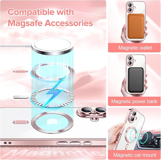 Hython Magnetic Clear for iPhone 16 Case with Camera Lens Protector [Compatible with MagSafe] Luxury Plating Edge Slim Soft TPU Cover Protective Phone Case for iPhone 16 6.1", Pink