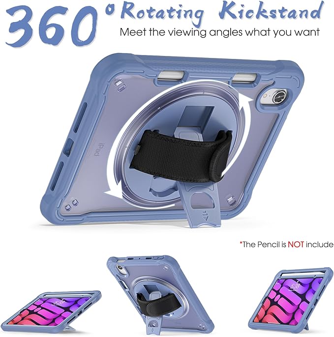 BRAECNstock Case for iPad mini 7 (A17 pro) 2024 & Mini 6 2021 8.3-inch,Shockproof Protective Cover with Pencil Holder,Screen Protector,360° Rotating Hand Strap/Stand- Lavender Grey