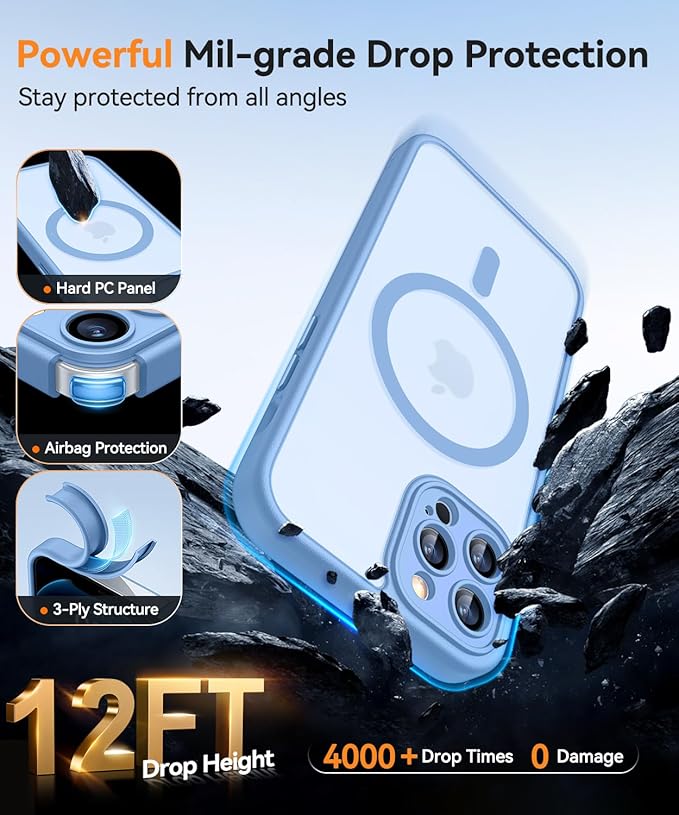 CANSHN Magnetic Compatible with iPhone 12 Pro Case, Upgraded [Full Camera Protection] [Compatible with Magsafe] [Translucent Matte] Shockproof Protective Phone Cover 6.1 Inch - Light Blue