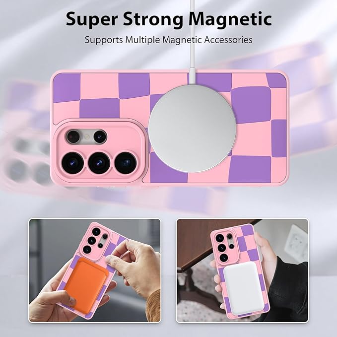 KANGHAR Compatible with Samsung Galaxy S26 Ultra Case, Support for MagSafe, Silicone Checkered Cute Pattern, Wristband Kickstand Camera Protection Soft Slim Cover for Girls Women -Pink
