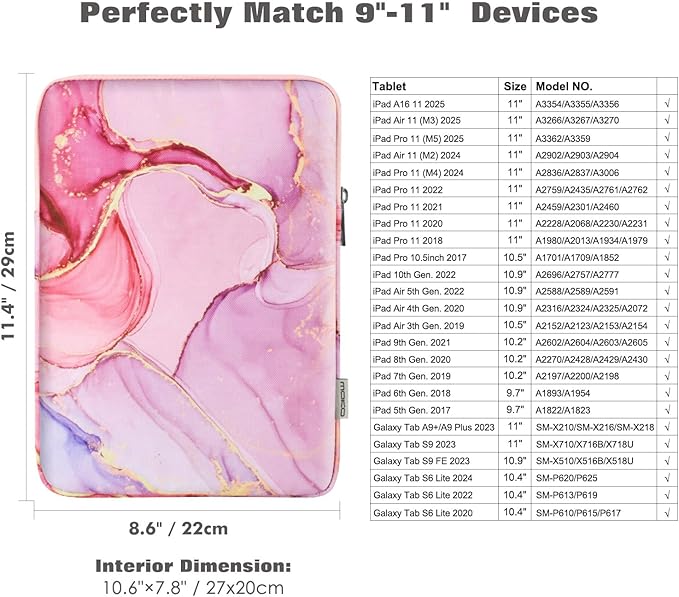 MoKo 9-11 Inch Tablet Sleeve Bag Carrying Case Fits iPad air 5 10.9" 2022,iPad Pro 11 M2 2022-2018,iPad 10th 10.9,iPad 9/8/7th Gen 10.2,iPad Air 4 10.9/Air 3 10.5,Tab S8/S9 11",Cloudy Pink