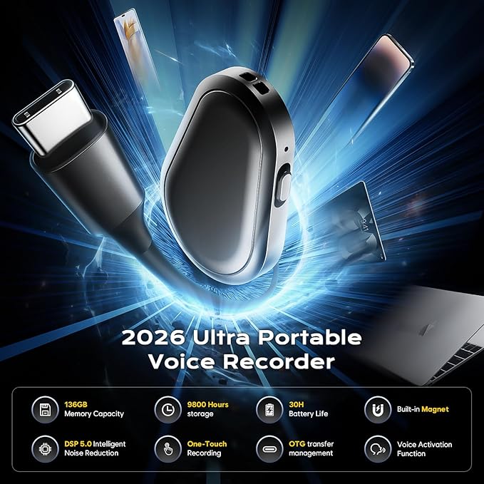 136GB Magnetic Voice Recorder - (9800Hours) Zutiifeu Voice Activated Recorder with DSP5.0 Noise Cancellation HD Audio Recorder for Classes, Meeting, Lecture, Daily Use Recording Device