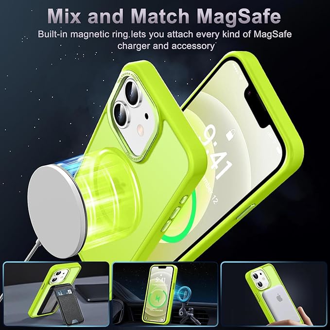 Newfuture Designed for iPhone 12 Case/iPhone 12 Pro Case with Magnetic [13 FT Military Drop Protection] [Compatible with Magsafe] Slim Shockproof with Anti-Fingerprint Phone Case, Fluorescent Green