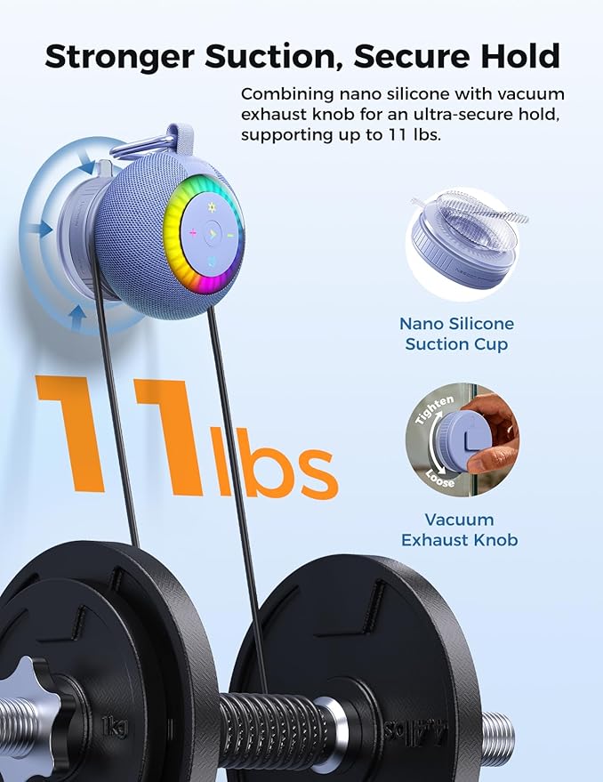 Shower Speaker Bluetooth Waterproof Portable: 360° Surround Sound, IPX7 Suction Cup Removable with Vacuum Exhaust Knob, RGB Lights, Beach/Pool/Camping/Kayak Essentials, Gifts for Mom Teens-Blue