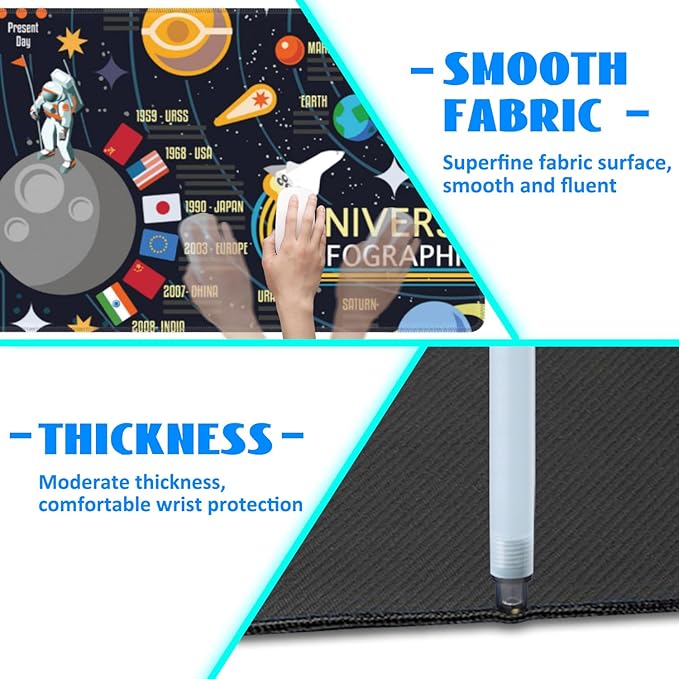 Desk Mat, 3D Solar System Galaxy Infographic Extended Gaming Mouse Pad Large, 35.4"x15.7" Big Mouse Pad with Non-Slip Base and Stitched Edge, Long Computer Keyboard Mouse Mat for Home Office Work