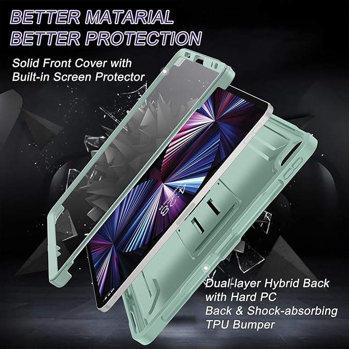 Soke Case for iPad Pro 11 Inch 2022/2021/2020/2018/iPad Air 5th/4th Generation,Built-in Screen Protector - Support 2nd Apple Pencil Charging - Heavy Duty Rugged Protective Kickstand Case - Mint Green