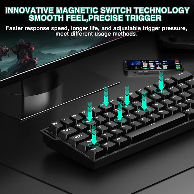 Aula MINI60 HE Wireless Gaming Keyboard 60%,Hall Effect Rapid Trigger Magnetic Keyboard,8000Hz Polling,Tri-Mode(BT5.0/2.4GHz/USB-C),Hot Swappable Compact Mechanical Keyboard for Gamer(Black)