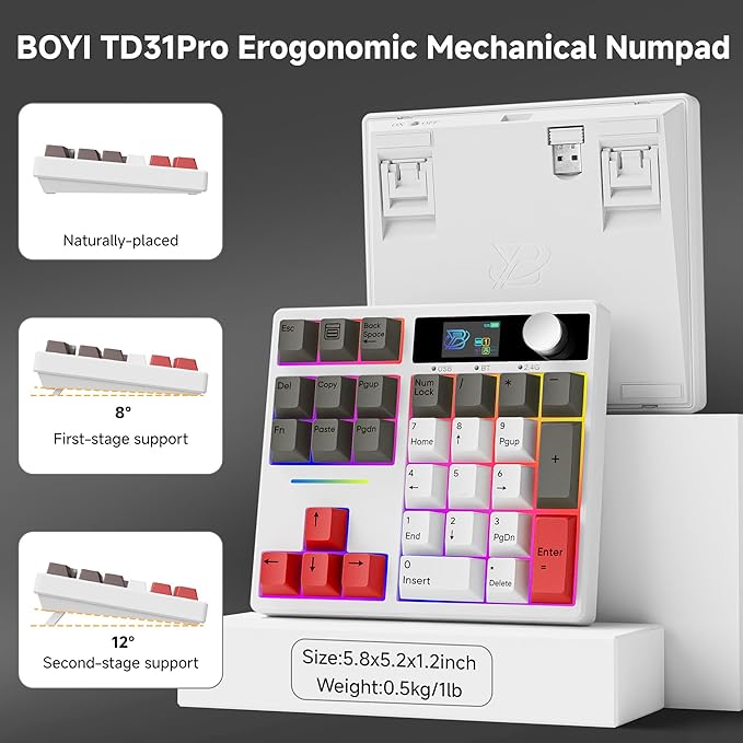 BOYI TD31Pro Mechanical Number Pad,Bluetooth5.0/2.4G/Type-C Wireless Numeric Keypad,RGB HotSwap Numpad with Screen&Knob,PBT Keycaps Rechargeable Gasket Number keypad for Working/Gaming(White-Grey)