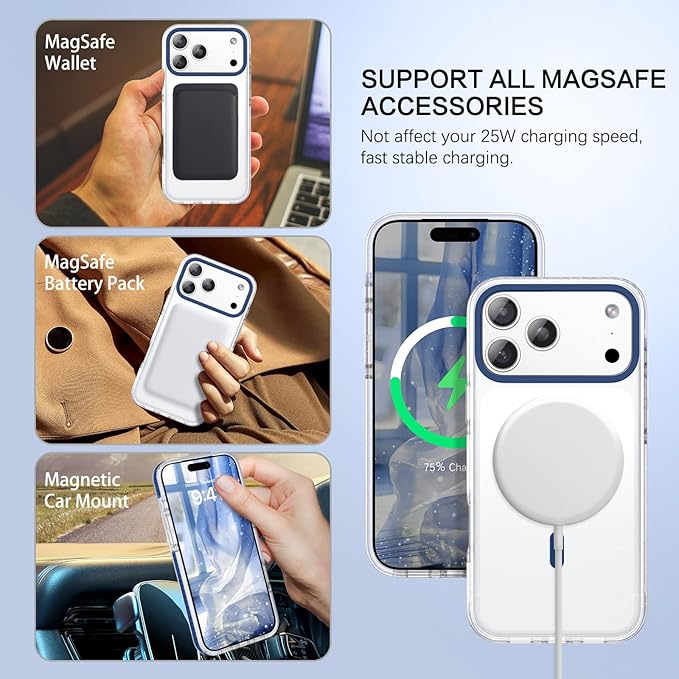 BENTOBEN Magnetic for iPhone 17 Pro Max Case 6.9", Compatible with Magsafe Military Shockproof Protective Bumper Cute Transparent Slim Anti-Yellowing Case for iPhone 17 Pro Max Cover, Clear Deep Blue