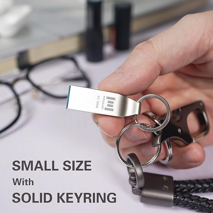 MOSDART 32GB Waterproof USB3.0 Flash Drive, Speed Up to 90MB/S, FAT32 Metal Memory Stick with Keychain, for System Back, Data Storage, Silver